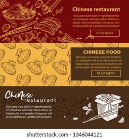 China cuisine Chinese restaurant web page templates vector food rice and meat roll and dumplings noodles in cardboard box chopsticks pastry food travel and oriental culture exploration Internet site