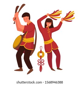 China culture, Chinese national clothing or costumes man and woman, isolated male and female characters vector. Girl with pompoms and guy with drum. Lucky coin, traveling and tourism, oriental country