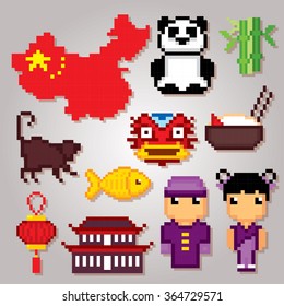 China culture symbols icons set. Pixel art. Old school computer graphic style.