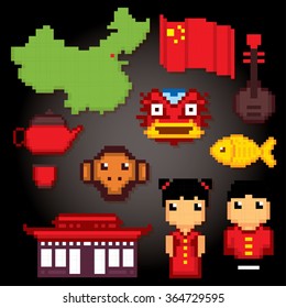 China culture symbols icons set. Pixel art. Old school computer graphic style.
