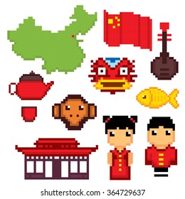 China culture symbols icons set. Pixel art. Old school computer graphic style.