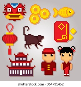 China culture symbols icons set. Pixel art. Old school computer graphic style.