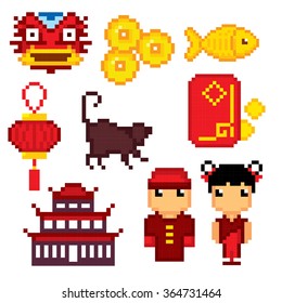 China culture symbols icons set. Pixel art. Old school computer graphic style.