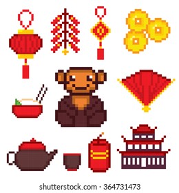 China culture symbols icons set. Pixel art. Old school computer graphic style.