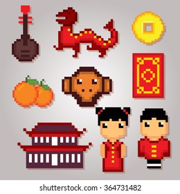 China culture symbols icons set. Pixel art. Old school computer graphic style.