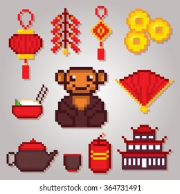 China culture symbols icons set. Pixel art. Old school computer graphic style.