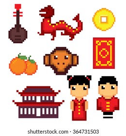 China culture symbols icons set. Pixel art. Old school computer graphic style.