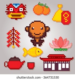 China culture symbols icons set. Pixel art. Old school computer graphic style.