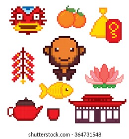 China culture symbols icons set. Pixel art. Old school computer graphic style.