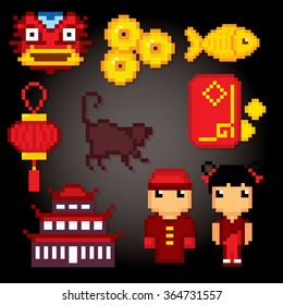 China culture symbols icons set. Pixel art. Old school computer graphic style.