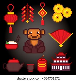 China culture symbols icons set. Pixel art. Old school computer graphic style.