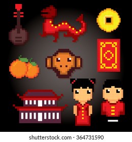 China culture symbols icons set. Pixel art. Old school computer graphic style.