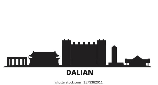 China, Dalian city skyline isolated vector illustration. China, Dalian travel black cityscape