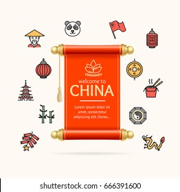 China Design Template Line Icon Concept and Paper Scroll or Roll Card Concept of Asian Tourism. Vector illustration