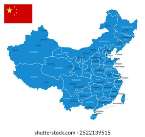 China - detailed blue country map with cities and regions. Vector illustration.