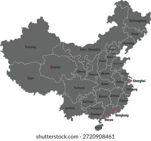 Mapa detallado de China con todas las ciudades en él en color gris 