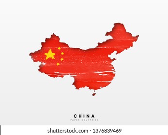 China detailed map with flag of country. Painted in watercolor paint colors in the national flag.