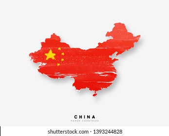 China detailed map with flag of country. Painted in watercolor paint colors in the national flag.