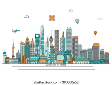 China detailed Skyline. Travel and tourism background. Vector background. line illustration. Line art style