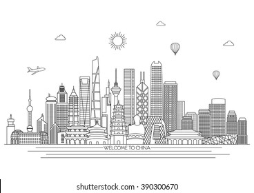 China detailed Skyline. Travel and tourism background. Vector background. line illustration. Line art style