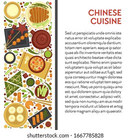 China dishes, Chinese cuisine, seafood and dumplings, green tea vector. Chicken fillet soup and beverage, crab meat, sauce and greenery, cooking and culinary. Teapot and cup, plate and cutting board