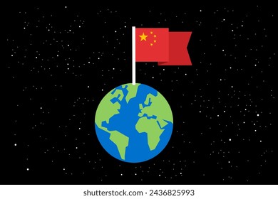 China als dominante und globale Supermacht, Hegemonie und Herrscher auf dem Planeten Erde und der Welt. Chinesische Dominanz, Dominanz, Vorherrschaft, Vormachtstellung. Planet und Nationalflagge. Vektorgrafik.