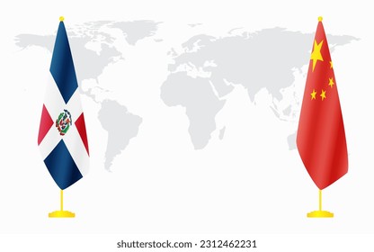 China and Dominican flags for official meeting against background of world map.