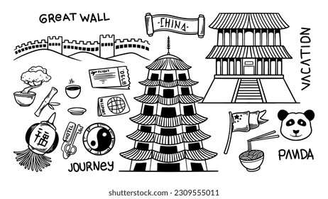 China doodle hand drawn set objects, travel drawing collection. Vector illustration vacation, temple building, destination and symbols icon pack. Natural sketch draw on white background.