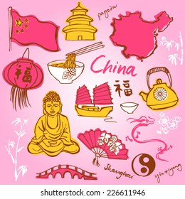 China doodle icons set