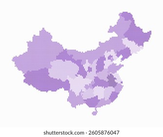 China dotted map. Digital style map of the country on white background. China shape with circle dots. Colored dots style. Small size circles. Simple vector illustration.
