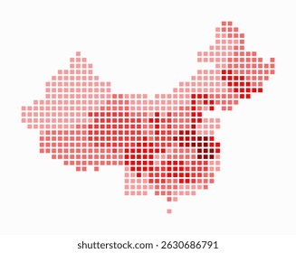 China dotted map. Digital style map of the country on white background. China shape with square dots. Colored dots style. Large size squares. Abstract vector illustration.