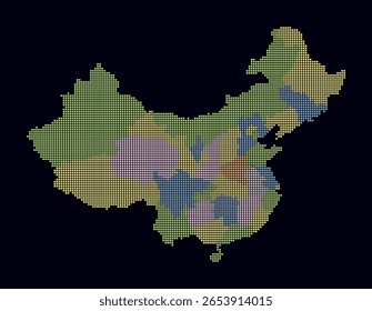 Mapa punteado de China. Mapa de estilo digital del país sobre fondo oscuro. Forma de China con puntos cuadrados. Estilo de puntos de colores. Pequeños cuadrados de tamaño. Ilustración vectorial simple.