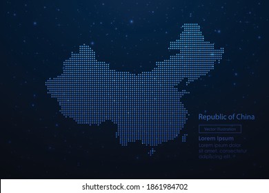 China dotted map in futuristic style, glowing outline made of stars lines dots. Communication, internet technologies concept on dark blue space background. Vector illustration.