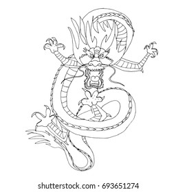 China dragon dancing. Black and white image on mythological animal. Can be used as adult coloring book.