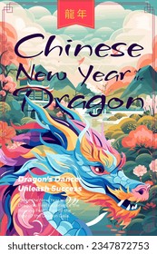 China dragon zodiac sign on nature background. Chinese New Year 2024 art cover. Asian festive poster. Oriental mythical serpent illustration. Text translation from Chinese: Year of the dragon. Vector