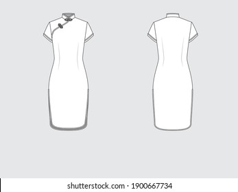 china dress, front and back, drawing flat sketches with vector illustration by sweettears