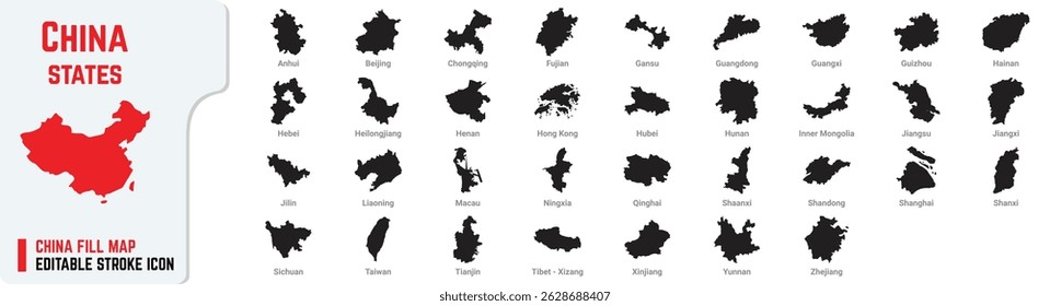 China Each State Solid Fill Flat Map Icon Vector – Country Silhouette Isolated on White Background