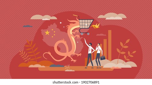 China e-commerce with web sales import and online trade tiny person concept. Growing asian country economics as symbolic dragon with shopping cart. Manufacturing export on internet vector illustration