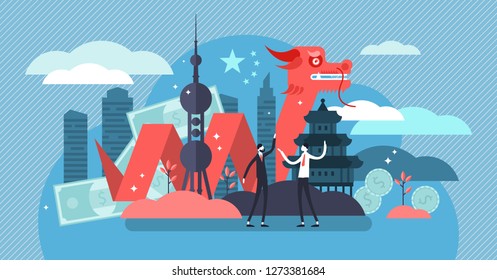 China Economic Growth And Culture Concept, Flat Tiny Persons Vector Illustration. New World Superpower, Geopolitical Strategy And Government Vision. Asia Global Trade And Business Sphere Of Influence.