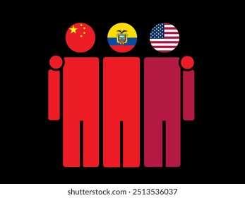 China, Ecuador, and USA National Flags With Embracing Body. Vector Illustration. Isolated background.