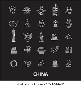China editable line icons vector set on black background. China white outline illustrations, signs, symbols