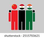 China, Egypt, and India National Flags With Embracing Body. Vector Illustration. Isolated background.