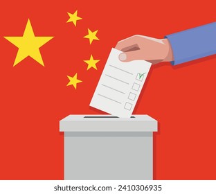 China election concept. Hand puts vote bulletin into vote box.