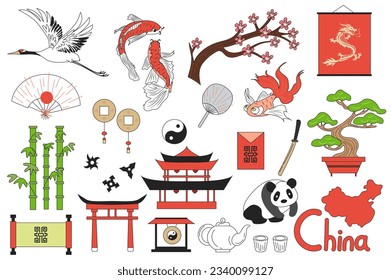 China elements mega set in graphic flat design. Bundle elements of crane, koi fish, sakura, dragon, fans, carp, yin yang, bonsai tree, bamboo, katana and other. Vector illustration isolated stickers