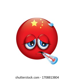 China emoji - sick emoticon with thermometer - isolated vector illustration