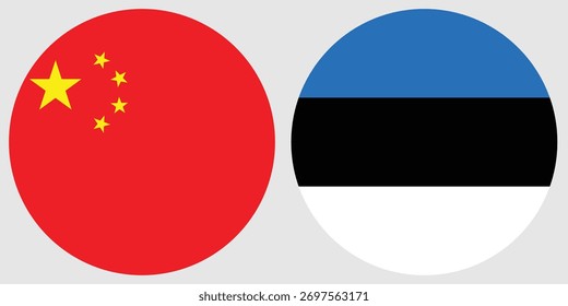 Vector e ilustración de la bandera circular de China y Estonia y el fondo gris 