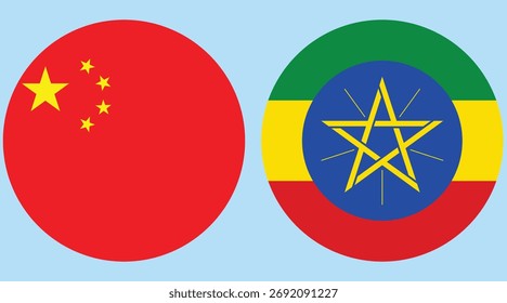 Vector de bandera circular de China y Etiopía con fondo azul claro 
