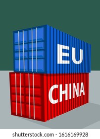china and EU cargo containers, export and import trading concept, vector illustration 