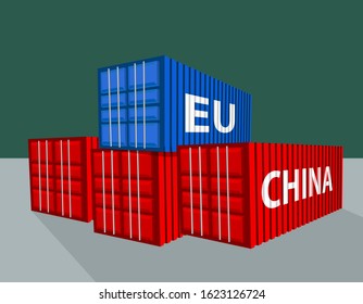 china and EU cargo containers, export and import trading concept, vector illustration 