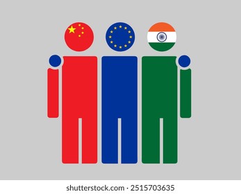 China, EU, and India National Flags With Embracing Body. Vector Illustration. Isolated background.